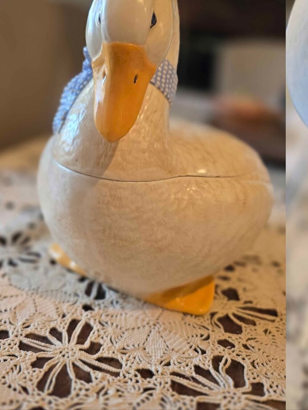 Vintage 1982 Ceramic Mother Goose Cookie Jar with Blue pok a dot Bow